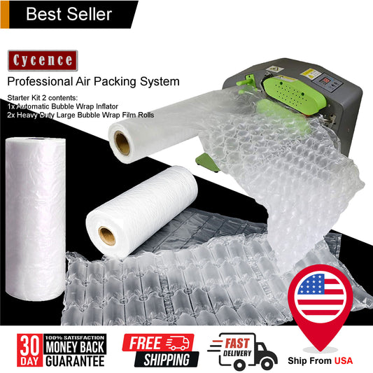 Cycence Air Packaging System Bundle- Automatic Air Bubble Wrap Inflator + 2 Rolls of Heavy Duty Large Bubble Air Cushioning Wrap Film Roll