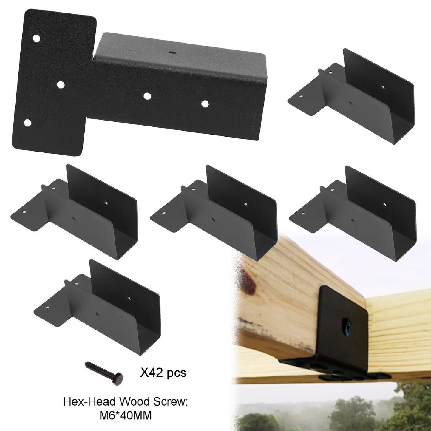 Cycence WoodMate 42061 Outdoor Pergola Rafter Bracket Joist Hanger Deck Railing Bracket Connector for 2x4 or 2x6 (Black) - 6 Pack