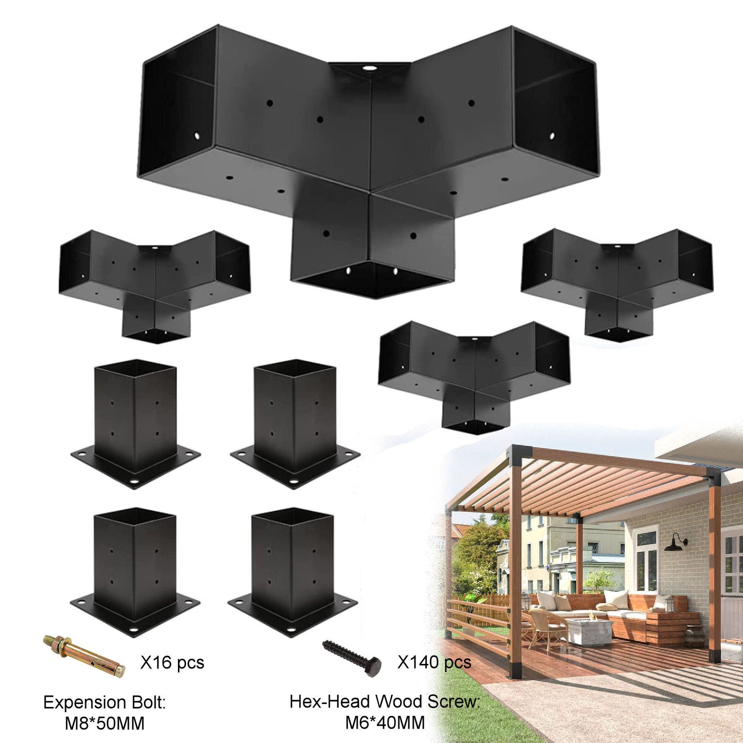 Cycence WoodMate 44081 Outdoor Pergola Bracket 4x4 Starter Kit - 8 Piece Set with 4X Right-Angle 3-Way Corner Bracket and 4X Post Base (Black)