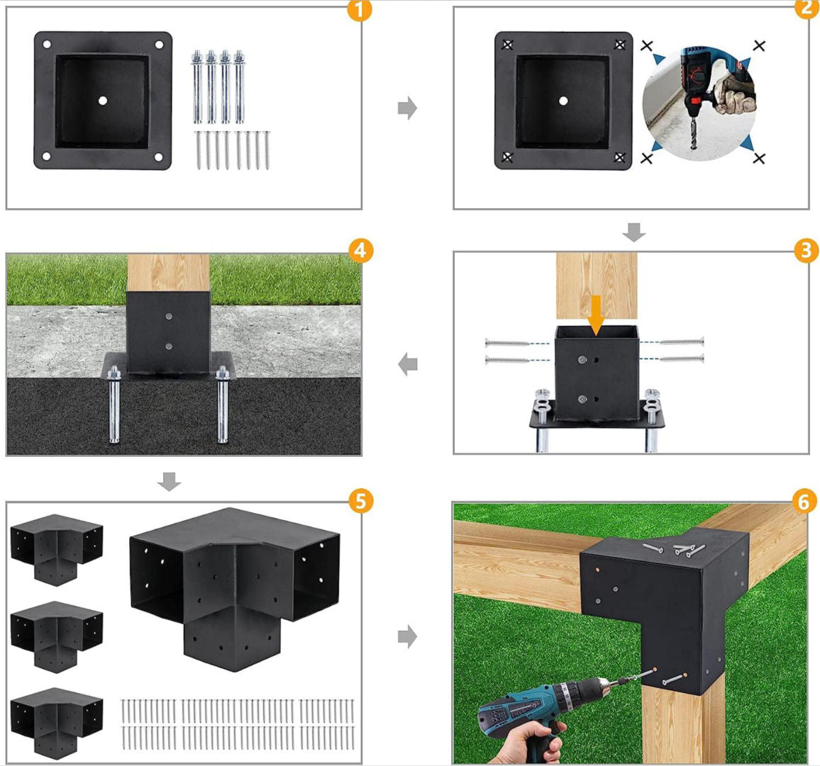 Cycence WoodMate 44081 Outdoor Pergola Bracket 4x4 Starter Kit - 8 Piece Set with 4X Right-Angle 3-Way Corner Bracket and 4X Post Base (Black)