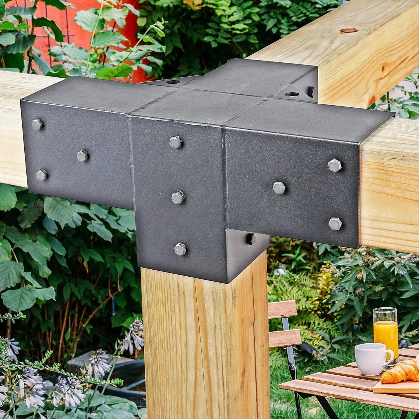 Cycence WoodMate 44241 Outdoor Pergola Bracket 4x4 Extender Kit - 4 Piece Set with 2X Right-Angle 4-Way Extend Bracket and 2X Post Base (Black)